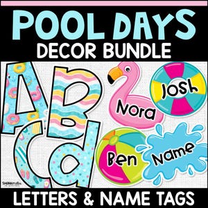 Summer Pool Party Türdekoration, bearbeitbare Namensschilder & Bulletin Board Buchstaben für das Klassenzimmer, Flamingo Pool Floats, Ideen zum Jahresende