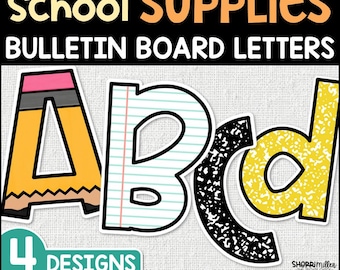 Back to School Supplies Bulletin Board Letters and Ideas, Printable Pencils Composition Notebook Letters and Numbers, Classroom Door Decor