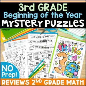 May include: A colorful educational resource for 3rd grade, featuring "Mystery Puzzles" for the beginning of the year. The image displays worksheets with math problems, including addition, subtraction, and rounding. The text includes "Reviews 2nd Grade Math".