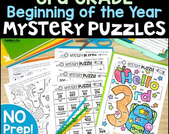 May include: An educational resource for Year 3 students, featuring "Mystery Puzzles" for the start of the year. The image shows worksheets with maths problems, including addition, subtraction, and rounding. The text includes "Reviews 2nd Grade Maths".