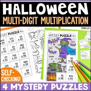 May include: A Halloween-themed educational worksheet set titled Multi-Digit Multiplication featuring Mystery Puzzle #3 and #4. The pages include maths problems, a coloured illustration of a witch with a cauldron, and four coloured pencils.