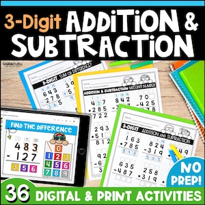 3 Digit Addition and Subtraction with Regrouping, 2nd and 3rd Grade and Math, Digital & Printable Fun Math Worksheets for Kids, Homeschool