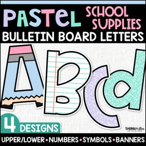 May include: A set of bulletin board letters featuring four distinct pastel designs. The letters A, B, C, and D are displayed with patterns including a pencil, lined notebook paper, purple glitter, and a teal textured finish on a black background.