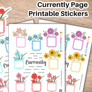 Printable Currently Page Stickers ~ Cute Flowerpot Boxes and Words for Planners ~ Journal Pages ~ Download Print Cut Sticker Sheet ~ Spring