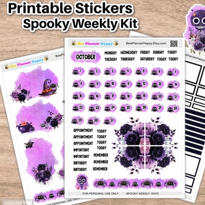 May include: Printable stickers for a weekly planner with a spooky Halloween theme. The stickers feature a purple and black color scheme with images of spiders, roses, a cauldron, a witch's hat, and a skull. The stickers also include a calendar with the month of October and days of the week.