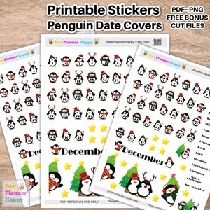 Afdrukbare pinguïn stickers met datumomslag voor het herschrijven van planners, tijdschriften en dagboeken, leuke kerstpinguïn themastickers maand december