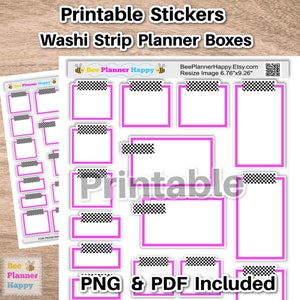 Naklejki do wydrukowania na pudełka planera ~ Różowe pudełka z czarnymi paskami washi w szachownicę do planerów, dzienników, pamiętników, scrapbookingu PNG PDF