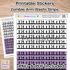 May include: Printable zombie arm washi tape stickers in black and white and black on purple. The stickers are 6.76 inches by 9.26 inches. PNG and PDF files are included.