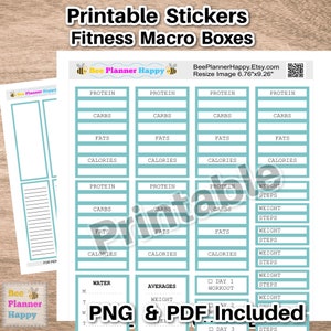 Afdrukbare fitness-macroboxstickers ~ Aquakleurige dozen geschikt voor HP klassieke stressbeheersingslay-out en andere ~ Stap-, gewicht-, calorieëntrackers