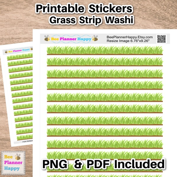 Printable Stickers of Grass Washi Strips for Planners, Journals and Diaries, Green grass stickers, PDF & PNG for cutting by hand or machines