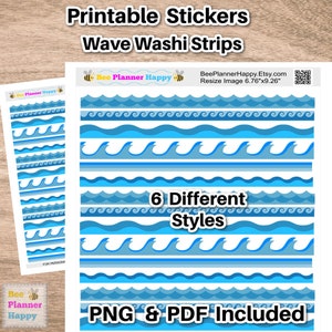 Naklejki do wydrukowania z paskami washi w kształcie fal do planerów, dzienników i pamiętników, naklejki z falami oceanicznymi, pliki PDF i PNG do wycinania ręcznego lub maszynowego