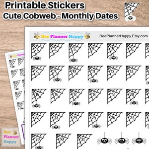 Adesivi per date a forma di ragno ragnatela stampabili, copertine per date per pianificatori, diari e diari di ristampa, simpatico tema di Halloween per il mese di ottobre