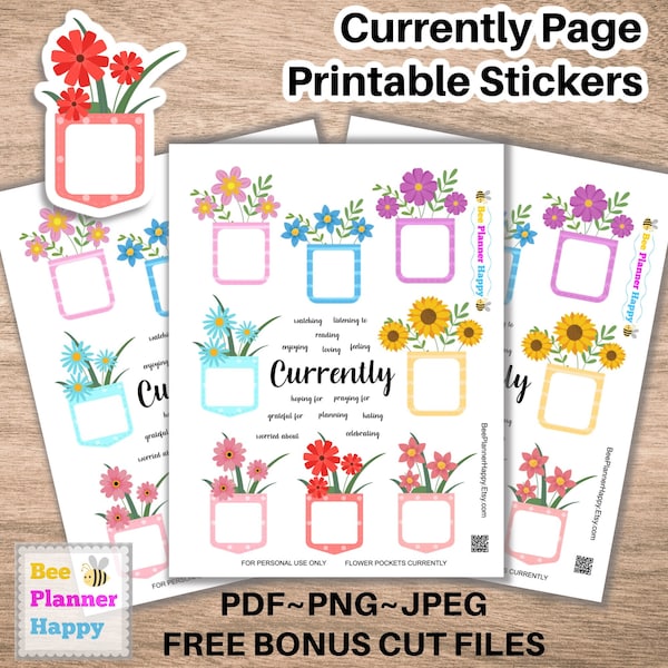 Printable Currently Page Stickers ~ Cute Flowerpot Boxes and Words for Planners ~ Journal Pages ~ Download Print Cut Sticker Sheet ~ Spring