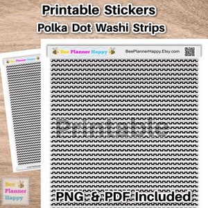 Wydrukowalne czarno-białe paski washi w kropki do planerów, dzienników, pamiętników, pobierz naklejki do wydrukowania, PDF PNG, wydrukuj i wytnij