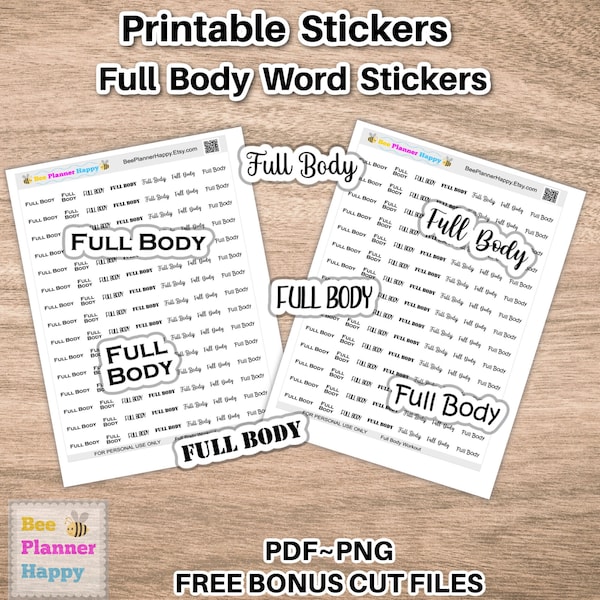 Printable Full Body Workout Word Stickers ~ Instant Download Print and Cut ~ Printable Fitness Planner Word Stickers