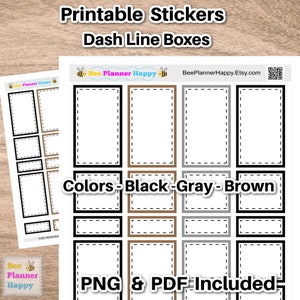 Printable Planner Box Stickers ~ Black Gray and Brown Decorative Dash Line Boxes Fit HP Classic Vertical Weekly, Planners and Journals