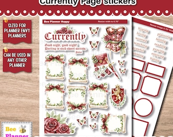 May include: Printable planner stickers with a romantic theme. The stickers include decorative scrolls, butterflies, roses, and a corset. Text includes "Currently" and "Good night, good night! Parting is such sweet sorrow. Juliet."