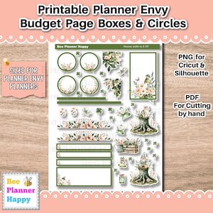 May include: A printable planner sheet with floral and botanical designs, including circles, boxes, and decorative elements. The sheet features the text "Printable Planner Envy Budget Page Boxes & Circles" and is sized for Planner Envy planners.