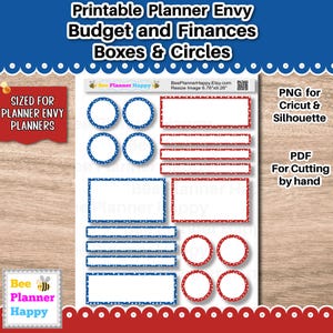 Op de afbeelding: Printbare plannerstickers met blauwe en rode ontwerpen. Bevat cirkels, rechthoeken en lijnen met witte stippen. Tekst bevat "Printable Planner Envy Budget and Finances Boxes & Circles".