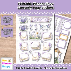 May include: Printable planner stickers with a lavender theme. The stickers include images of lavender, hummingbirds, envelopes, and the word "Currently". The stickers are designed for Planner Envy planners and other planners.
