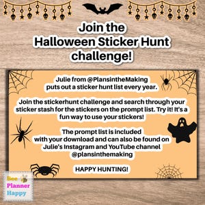 May include: A Halloween-themed promotional image with text that reads "Join the Halloween Sticker Hunt challenge!". The image includes spider and ghost graphics, spiderwebs, and text promoting a sticker hunt challenge.