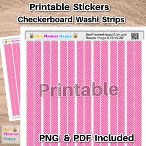 May include: Printable checkerboard washi tape strips in pink and white. The strips are 6.76 inches by 9.26 inches. The image includes the text "Bee Planner Happy" and "Printable".