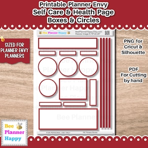 May include: A printable planner page with boxes and circles for self-care and health tracking. The design includes rectangular and circular shapes with red outlines, and the text "Printable Planner Envy Self Care & Health Page Boxes & Circles".