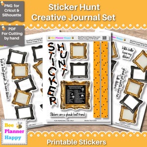 Op de afbeelding: Printbare sticker set voor creatieve journaling. De set bevat frames, decoratieve elementen en tekst. Het hoofdontwerp toont de woorden "Sticker Hunt" en "STICKER" met een Halloween-thema. Het kleurenpalet omvat oranje, zwart en goud.