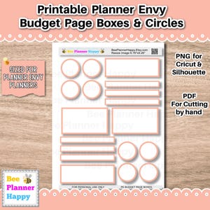 Może przedstawiać: Drukowane naklejki do planera z polami i okręgami na stronie budżetu w kolorze brzoskwiniowym i białym. Obraz zawiera tekst "Sized for Planner Envy Planners", "PNG for Cricut & Silhouette" i "PDF For Cutting by hand".