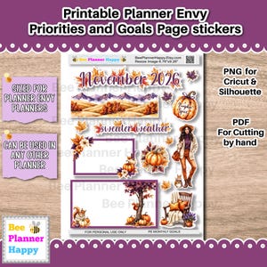 May include: A sheet of printable planner stickers featuring autumn themes including pumpkins, fall foliage, a person in seasonal clothing, and a squirrel. The text includes November 2026, sweater weather, and Pumpkin Spice. The sheet measures 6.76 by 9.26 inches.