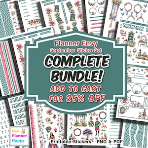 Könnte beinhalten: Ein digitales Sticker-Set-Bundle mit Alice im Wunderland-Motiven, darunter Illustrationen von Figuren, Teesets, Uhren und Blumenmustern. Der Text lautet Planner Envy September Sticker Set COMPLETE BUNDLE! ADD TO CART FOR 25% OFF.