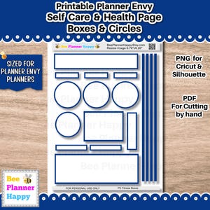 May include: A printable planner page with boxes and circles in a navy blue outline. The text at the top reads "Printable Planner Envy Self Care & Health Page Boxes & Circles." Includes text for Cricut and Silhouette.