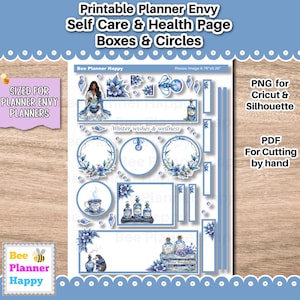 Könnte beinhalten: Ein druckbares Planerblatt mit Winterthema. Das Design zeigt blau-weiße Aquarellillustrationen von Blumen, Flaschen und Kreisen. Der Text enthält "Printable Planner Envy" und "Self Care & Health Page". Enthält PNG für Cricut & Silhouette und PDF zum Zuschneiden von Hand.