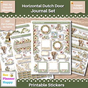 May include: A digital printable sticker set titled Horizontal Dutch Door Journal Set featuring safari-themed illustrations including elephants, giraffes, tigers, and floral accents. The set includes four pages of stickers with frames, borders, and text elements for planners.