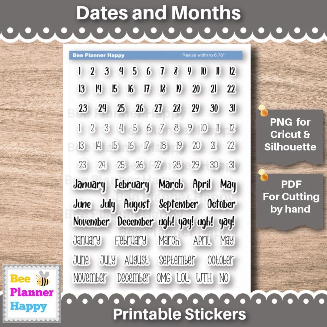 Printable Dates and Months Stickers ~ Print Font in Black - Etsy