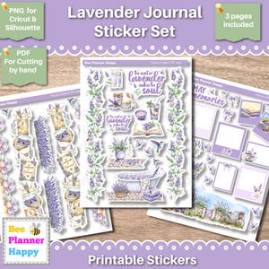 May include: A lavender-themed sticker set with the text "Lavender Journal Sticker Set" and "Printable Stickers". The set includes stickers with lavender sprigs, butterflies, and the phrase "the scent of lavender soothes the soul". Includes 3 pages.