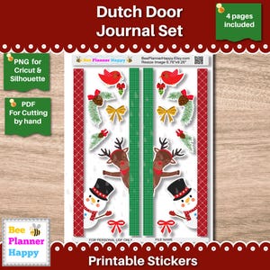 May include: A sheet of printable stickers for a Dutch door journal set. The design includes festive elements like reindeer, snowmen, birds, bows, and pine branches. The stickers are in red, green, white, and brown colors. The text on the sheet says "Dutch Door Journal Set" and "Printable Stickers."