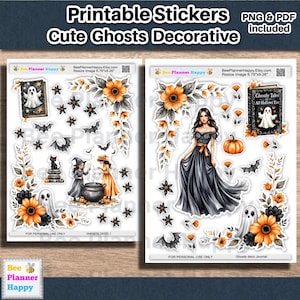 May include: Printable stickers featuring a Halloween theme with cute ghost and decorative elements. The stickers include images of ghosts, bats, witches, pumpkins, and floral arrangements in orange, black, and white. The text on the stickers reads "Printable Stickers Cute Ghosts Decorative".