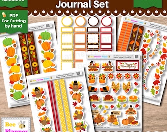 May include: A Dutch Door Journal Set with printable stickers. The set includes stickers with pumpkins, leaves, turkeys, and the text "Happy Thanksgiving." The stickers are designed for use with Cricut and Silhouette machines, and also for cutting by hand.
