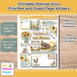 May include: A sheet of planner stickers with a farmhouse theme. The stickers include sunflowers, a red barn, a rooster, and the text "April", "2026", and "Fresh Eggs Daily". The stickers are sized for planner envy planners and can be used in any other planner.