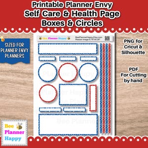 Könnte beinhalten: Eine druckbare Planerseite mit roten und blauen Kästchen und Kreisen, die für die Selbstpflege und das Gesundheitstracking konzipiert wurde. Enthält den Text "Printable Planner Envy" und "Self Care & Health Page".