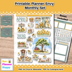 May include: A printable planner sticker set with a sunflower and farm theme. The set includes stickers with the words "April" and "2026", along with images of sunflowers, a barn, and farm animals. The set is designed for planner use.