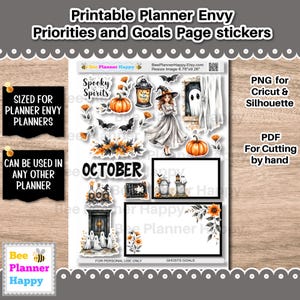 May include: Halloween-themed planner stickers featuring pumpkins, bats, a witch, ghosts, and the word "October." The stickers are designed for planner use and include the text "PNG for Cricut & Silhouette" and "PDF for cutting by hand." The image also includes the text "Bee Planner Happy."