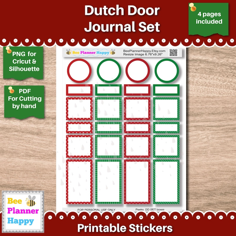 May include: Printable sticker set with a Dutch door journal theme. The stickers feature red and green borders and accents, with various shapes and sizes. Includes text: "Dutch Door Journal Set" and "Printable Stickers".