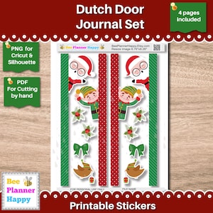 May include: A sheet of printable Christmas stickers with Santa Claus, elves, birds, bows, and holly. The stickers have red, green, and white accents. The text "Dutch Door Journal Set" and "Printable Stickers" are displayed.