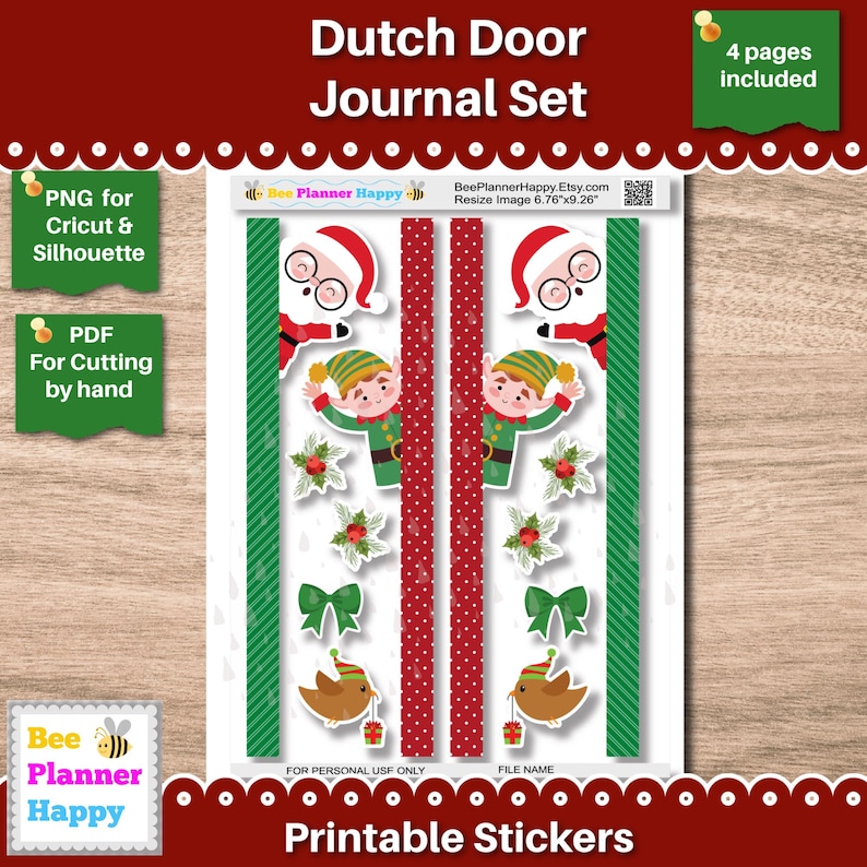 May include: A sheet of printable Christmas stickers with Santa Claus, elves, birds, bows, and holly. The stickers have red, green, and white accents. The text "Dutch Door Journal Set" and "Printable Stickers" are displayed.