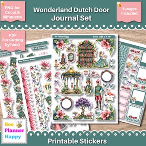 May include: A Wonderland Dutch Door Journal Set featuring four pages of printable stickers. The sheets include illustrations of a gazebo, a bookshelf, a person in a uniform, a person reading, flowers, butterflies, clocks, and teapots.