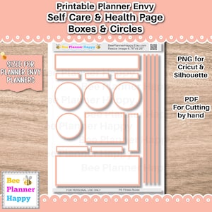 May include: A printable planner sheet with boxes, circles, and vertical lines in a peach color. The text on the sheet reads "Printable Planner Envy Self Care & Health Page Boxes & Circles." The sheet is sized for Planner Envy planners.