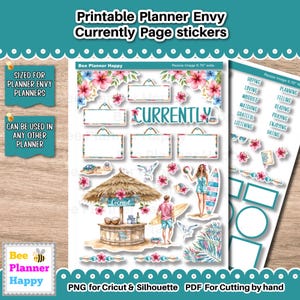 May include: Sheet of planner stickers with a tropical theme. Includes stickers with the word "Currently", blank labels, and illustrations of a beach scene with a coconut stand, people, and flowers. The text "Printable Planner Envy Currently Page stickers" is at the top.
