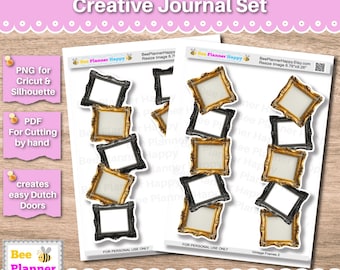 May include: Printable sticker sheets featuring vintage frame designs in gold and black. The sheets include the text "Vintage Frames Creative Journal Set" and "Printable Stickers". The stickers are designed for use with Cricut, Silhouette, and hand cutting.